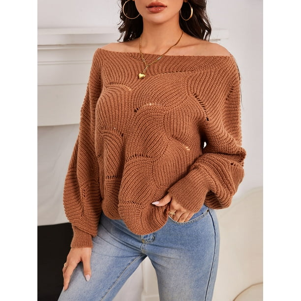 NEW Brown Pointelle Boat Neck Stretch Knit Sweater 3/4 Sleeve Top S NEW Brown Pointelle Boat Neck Stretch Knit Sweater 3/4 Sleeve Top S